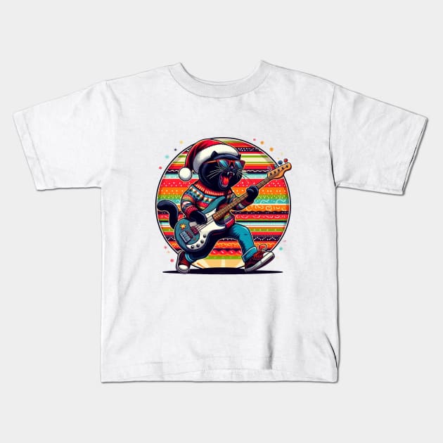 Cat Playing Bass Guitar Kids T-Shirt by BukovskyART